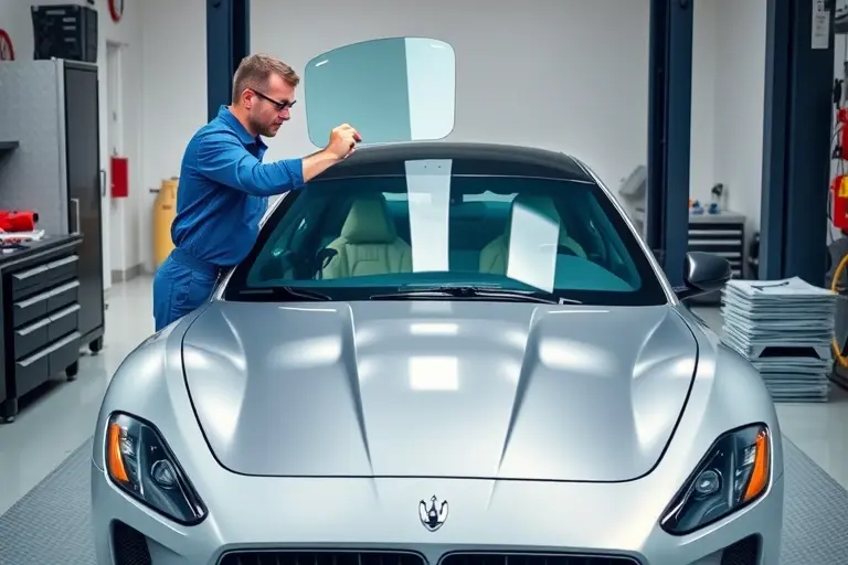 A Maserati GranTurismo Trofeo 3.0 V6 Nettun with a replaced windshield, shown in a clean automotive repair shop. The car is positioned on a lift, its hood open, revealing the windshield area. A mechanic in a blue coveralls is installing a new clear glass panel, holding it with a suction cup. The scene includes a workbench with tools, a glass cutter, and a small stack of replacement windshields. The background is a well-lit garage with a subtle industrial aesthetic. The focus is on the car's front and the replacement process, with no text or logos visible.