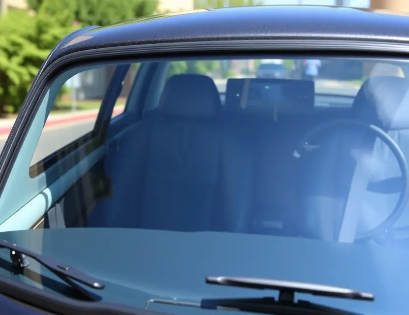 A Mitsuoka Rock Star with a replaced windshield, showcasing the new glass. The car should be parked outdoors on a sunny day. Focus on the clarity and quality of the replacement windshield.