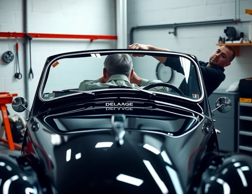 A car mechanic replacing the windshield of a classic Delage automobile in a well-lit garage, with tools and replacement glass visible, no text or labels