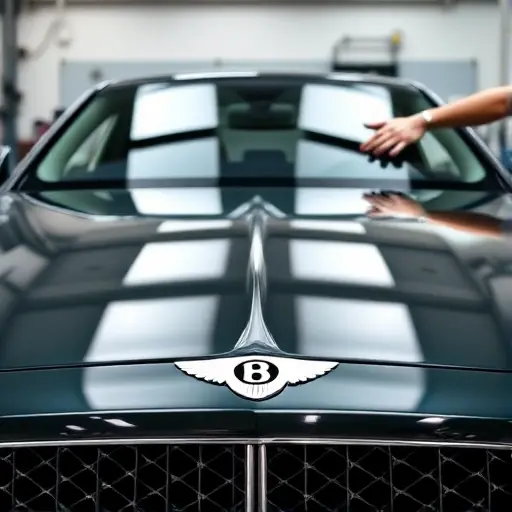 A high-resolution close-up of a Bentley Flying Spur V6 2.9 PHEV 536 hp with a newly installed windshield. The image shows the sleek, modern design of the car's front, the clear glass of the new windshield, and a mechanic's hands carefully aligning the glass. The background is a clean, professional automotive workshop with subtle lighting highlighting the car's polished chrome and glass surfaces.