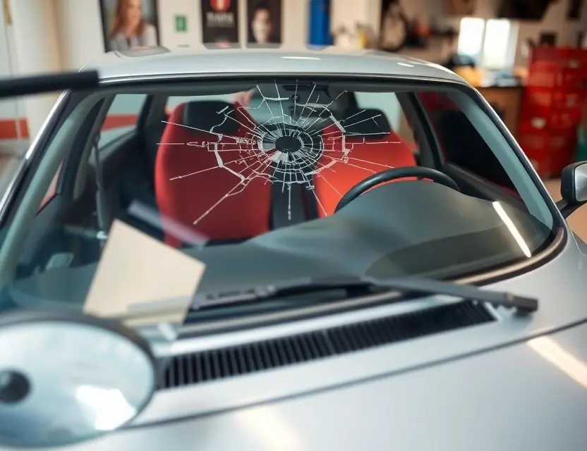 A Lancia car with a cracked windshield undergoing windshield replacement. The car is parked in a garage with a mechanic working on the windshield. Focus on the replacement process and the car's exterior.
