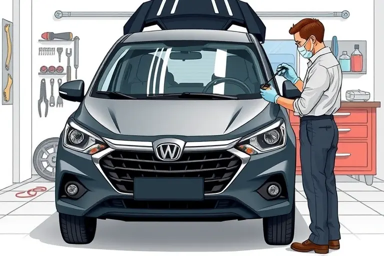 A detailed illustration of a mechanic replacing the windshield of a Soueast DX3 1.5 Turbo 156 hp (2016–present) car. The scene shows the car's front view with the hood slightly open, the old windshield being removed and a new one being installed. The mechanic is wearing protective gloves and a face mask, holding a windshield suction cup. The background is a clean garage setting with tools and a workbench. The focus is on the car and the replacement process, with realistic lighting and accurate car details.