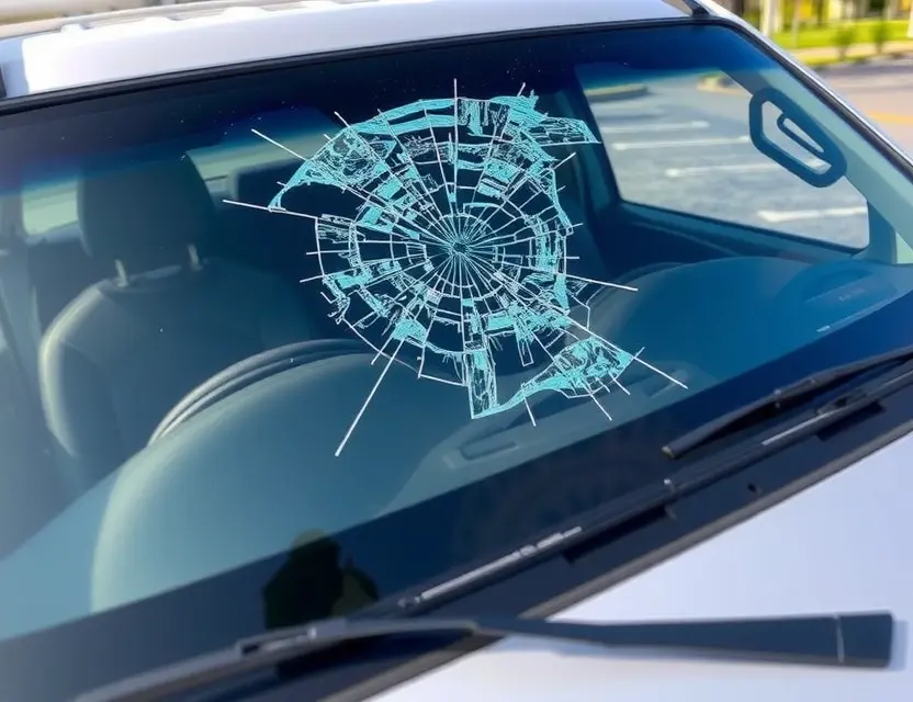 A close-up shot of an Isuzu MU-X with a cracked windshield, showing the area where the windshield needs replacement. The vehicle is parked outdoors on a paved surface. Focus on the damaged windshield area.