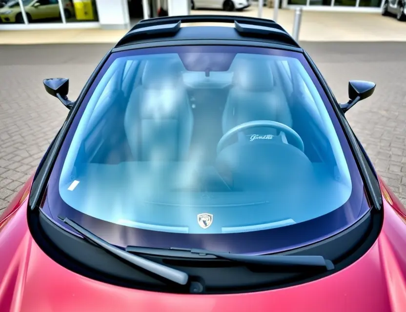 A Ginetta Akula with a replaced windshield, showcasing the new glass. The car is parked on a clean, paved surface, with a slightly blurred background suggesting a dealership or service center. Focus on the clarity and fit of the replacement windshield.