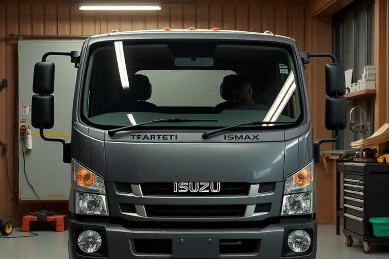 A realistic depiction of a mechanic replacing the windshield of an Isuzu D Max 3.0 Turbo diesel truck in a garage. The scene shows the truck's front, the windshield frame partially removed, a new glass panel being fitted, tools such as a suction cup, a wrench, a glass cleaner, a workbench, a toolbox, and a light source. The focus is on the vehicle's front and the mechanic's hands. The image should be detailed and realistic, with no text, letters, or digits.