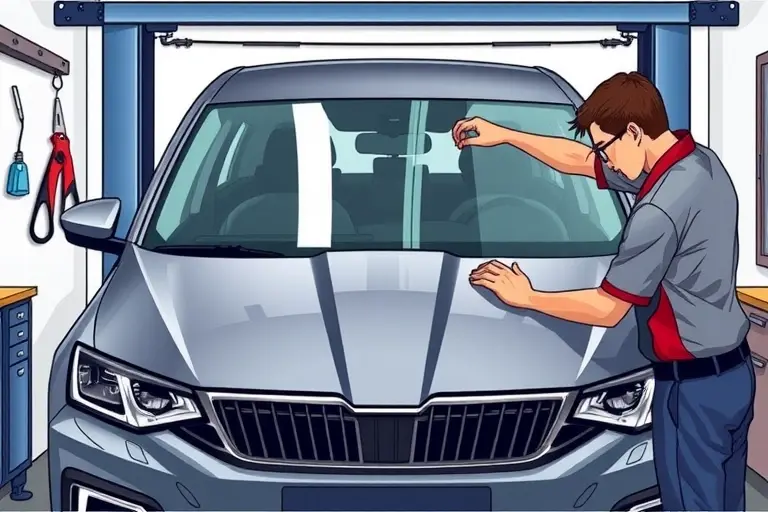 A detailed, realistic illustration of a mechanic in a garage replacing the windshield of a 2020 Skoda Octavia 2.0 TDI 200 hp. The scene shows the car on a lift, the old windshield removed, a new clear glass panel being fitted, with tools such as a suction cup, a glass cutter, and a sealant dispenser. The garage environment includes a workbench, a safety mask, and a clear view of the car's front. The focus is on the precision of the replacement process, with emphasis on the glass surface, the car's front fascia, and the mechanic's hands.
