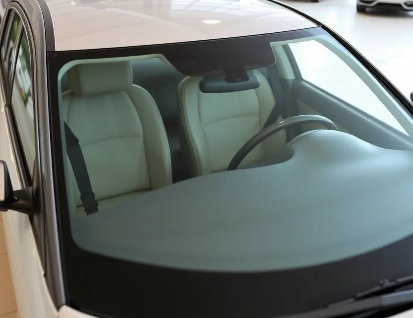 A high-quality image depicting a Fang Cheng Bao Bao 8 car with a replaced windshield. The windshield is clear and new, seamlessly integrated with the existing glass. The car is parked on a clean, well-lit surface, possibly a dealership or service center. Focus on the detail of the replacement and the car's overall condition.