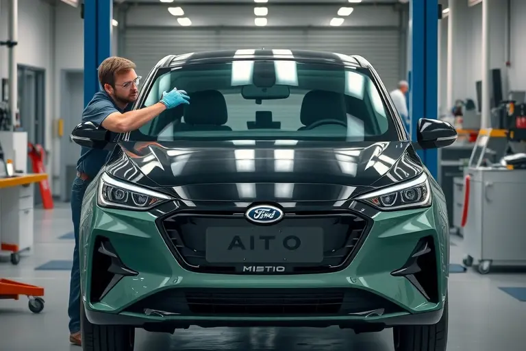 A high-resolution illustration of an AITO M5 hybrid electric vehicle (2022-present) in a modern auto repair garage, showing the front of the car with the windshield being carefully removed and a new glass positioned by a professional mechanic wearing safety gloves and goggles, surrounded by automotive tools and a clean workshop environment, realistic lighting and detailed textures