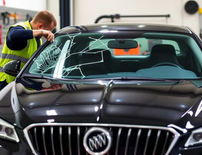A high-quality image depicting a Buick Regal with a cracked windshield being replaced by a mechanic. The mechanic is wearing a safety vest and gloves, and the replacement windshield is being carefully installed. The background shows a garage setting with tools and equipment. Focus on the replacement process and the car's details.