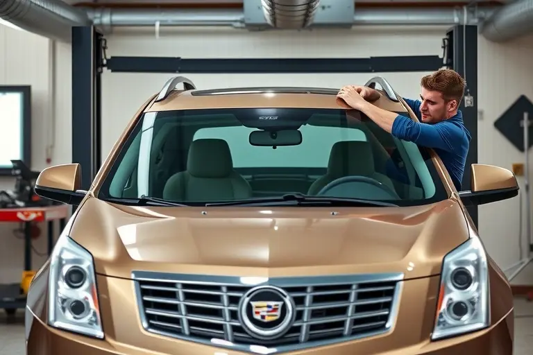 A professional mechanic in a clean workshop replacing the windshield of a Cadillac SRX, the front of the car is visible, the old glass is removed, a new glass is being installed, tools and safety equipment are present, high detail, realistic lighting