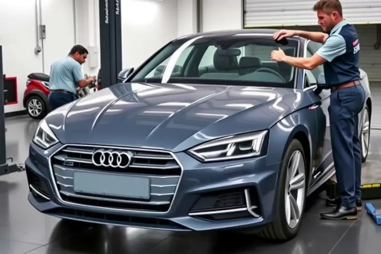 A professional garage scene showing a 2018 Audi A5 2.0 TDI with its front windshield being carefully removed and a new windshield being installed. The car is positioned on a lift, with a skilled mechanic in a clean uniform using appropriate tools, such as suction cups and a windshield removal tool. The focus is on the car's front area, highlighting the glass, frame, and surrounding bodywork, with a well-lit, realistic, high‑quality rendering.