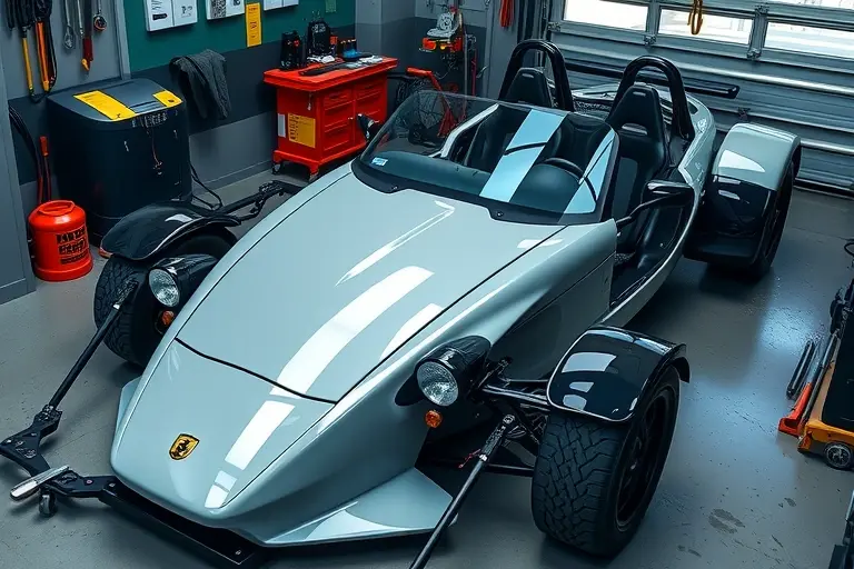 A detailed, realistic scene of a mechanic replacing the windshield on an Ariel Atom sports car equipped with a 2.0L Honda K20 engine, showing the car on a garage floor with tools, the old windshield partially removed, and the new windshield being positioned, all captured in high resolution with vivid lighting and accurate vehicle details