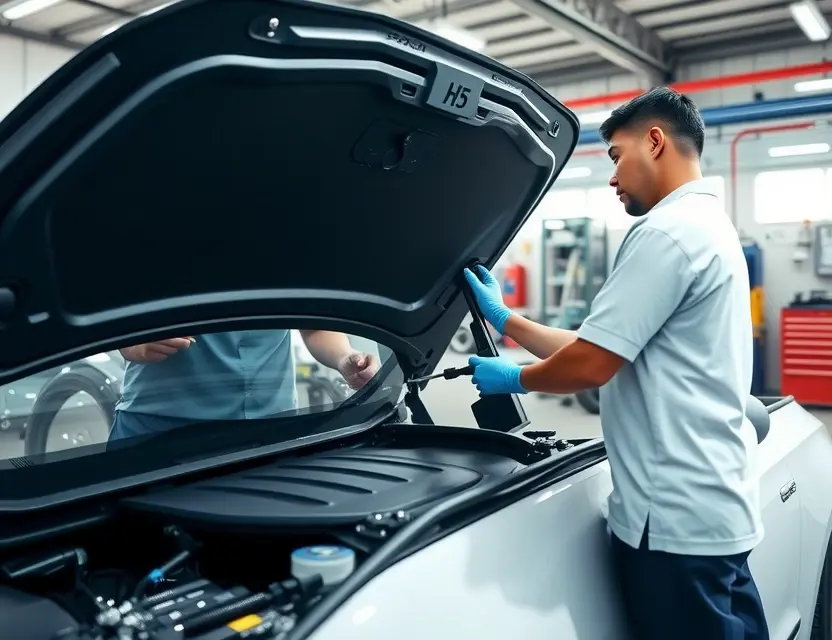 A professional mechanic replacing the windshield of a FAW Hongqi H5 car. The scene should include the car with its hood open, the mechanic wearing safety gloves and using specialized tools to carefully remove the old windshield and install the new one. The setting should be a well-lit auto repair shop with various automotive tools and equipment in the background.