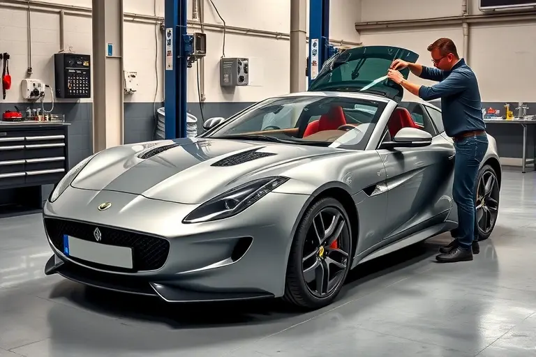 A detailed, realistic scene of a Bristol Fighter Turbo 8.0 L V10 sports car in a workshop, with a professional mechanic carefully removing the old windshield and installing a new one. The car is shown from a side angle, highlighting its sleek bodywork and the distinctive front grille. The workshop environment includes clean tools, a lift, and a neutral background, focusing on the windshield replacement process without any text or logos.