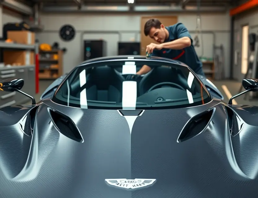 A high-quality close-up shot of a mechanic carefully installing a new windshield on an Aston Martin Valkyrie in a professional automotive workshop, focusing on the sleek aerodynamic curves of the car's front end and the precision of the glass fitting, with soft studio lighting highlighting the carbon fiber bodywork