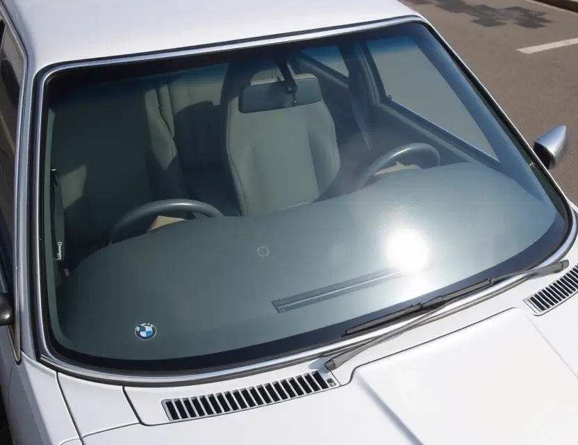 A high-quality image depicting a BMW 7er (E23) with a replaced windshield. The windshield is clear and undamaged, contrasting with the original windshield which shows signs of wear and tear. The car is parked outdoors on a clean asphalt surface. Focus on the details of the replacement and the overall condition of the vehicle.