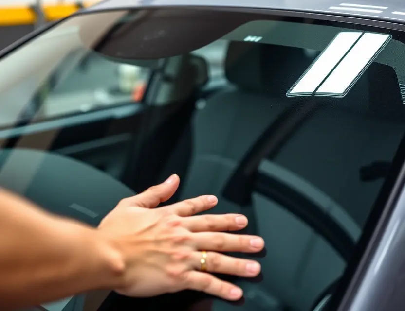 A close-up shot of a car windshield being replaced by a technician. The windshield replacement process is visible, showing the tools and equipment used. Focus on the technician's hands and the replacement windshield.