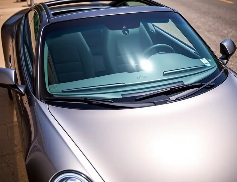 Предлагаем услугу по замене лобового стекла Porsche 911 Carrera A high-quality image depicting a Porsche 911 Carrera with a replaced windshield. The car is parked outdoors on a sunny day. The replaced windshield is seamlessly integrated with the original, showing no visible cracks or imperfections. Focus on the details of the windshield replacement and the car's sleek design.
