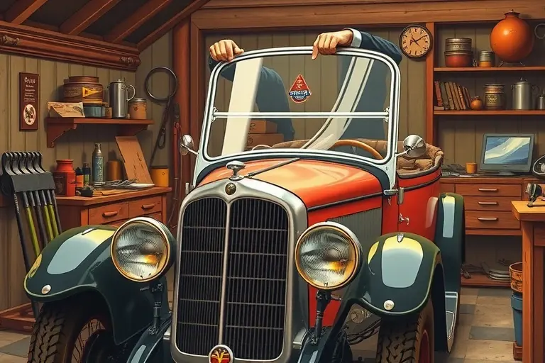 A detailed, realistic illustration of a classic 1930s Alvis Speed 25 automobile in a vintage workshop, focusing on the process of replacing its front windshield. The car is shown from a side angle with the hood open, a new curved glass windshield being positioned by a mechanic's hands (hands only, no faces), surrounded by period-appropriate tools and parts, with a warm, nostalgic atmosphere.