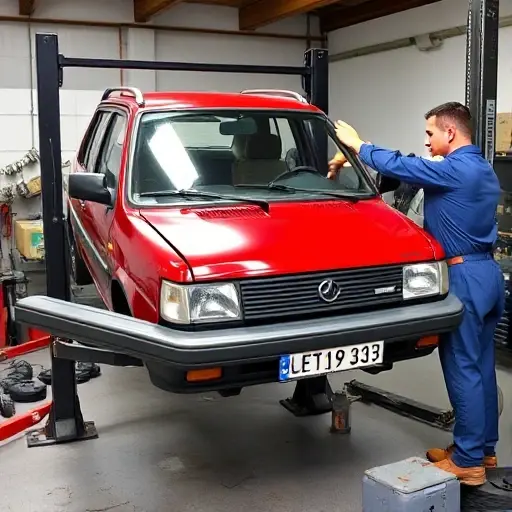 A mechanic replacing the windshield of an Austin Maestro 1.3 L R4 68 hp (1983–199) car. The scene shows the car on a lift, the old windshield removed, the new windshield being fitted, with tools and parts visible. No text or lettering.