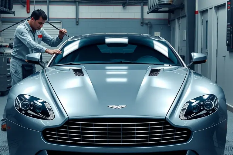 A high-quality, realistic scene of an Aston Martin Vantage 5.3 L V8 Supercharge in a professional garage, with the front windshield being carefully removed and a new windshield positioned for installation. A skilled mechanic in clean workwear is using specialized tools, focusing on the car's sleek lines and the glass replacement process. The lighting highlights the car's polished body and the clarity of the new windshield, emphasizing precision and craftsmanship.