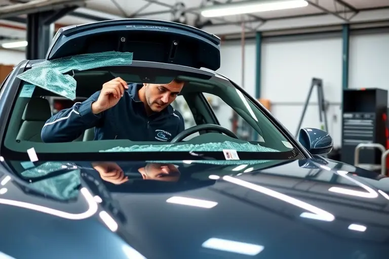 A professional automotive workshop scene showing a mechanic carefully removing the damaged windshield and installing a new windshield on an Alpina XD3 3.0 R6 Diesel Quad Turbo vehicle, with tools, glass panels, and a clean, well-lit environment; focus on the car and the glass work, no text or branding visible