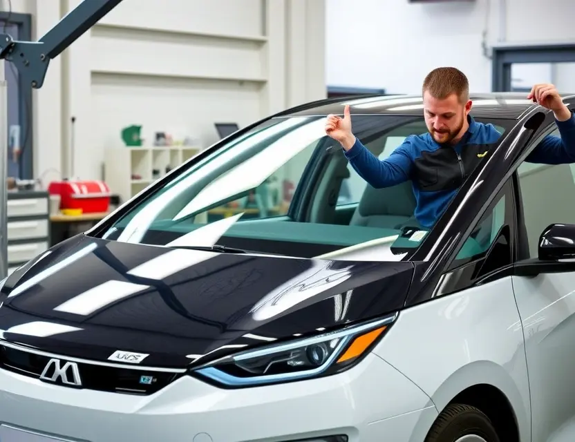 A modern electric car, Aion S Max, with a technician carefully replacing the front windshield using professional tools, clean workshop background, natural lighting, high detail