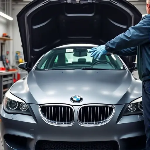 A realistic, detailed scene of a mechanic in a garage, wearing gloves and a protective jacket, carefully installing a new windshield on a BMW M5 E60 (2005-2010) with the hood open. The focus is on the car's front, the new glass panel, and the mechanic's hands holding the windshield. The background shows a clean workshop with tools and a workbench, with bright, even lighting that highlights the glass clarity and the car's chrome details.