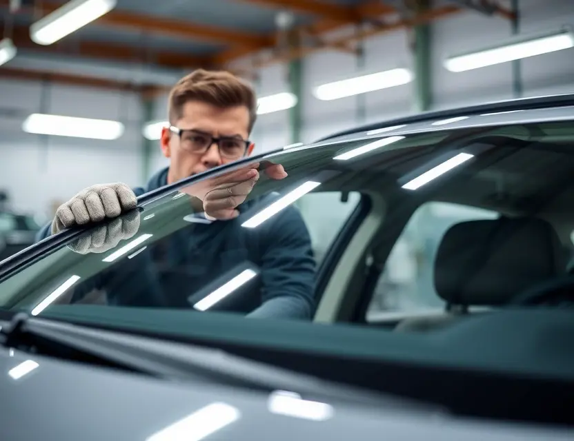 A close-up shot of a car windshield being replaced by a technician. The car is a Changfeng model, and the technician is wearing safety glasses and gloves. The background is a clean, well-lit workshop. Focus on the replacement process and the technician's expertise.