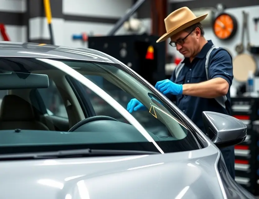 A high-quality image depicting a car windshield replacement service. The image should show a mechanic working on a car windshield, with tools and equipment visible in the background. The focus should be on the replacement process, highlighting the expertise and precision involved. The car should be a modern sedan.