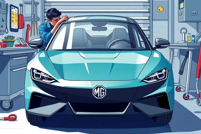 A detailed illustration of a mechanic replacing the windshield of an MG Cyberster electric car (2023 model) in a garage setting. The MG Cyberster should be shown from a front view with its distinctive sleek design, the old windshield removed and a new one being installed. Include tools, a workbench, and a clear view of the car's front fascia. The scene should emphasize the high‑tech nature of the vehicle and the precision of the replacement process.