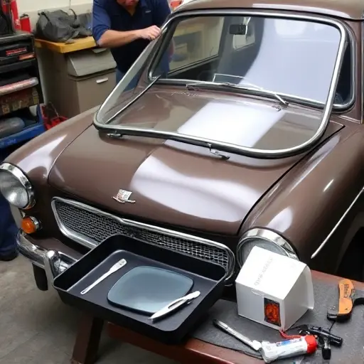 A classic Austin A60 (1965–1969) with its front windshield partially removed, a new windshield being fitted by a mechanic in a garage setting. The scene shows the car’s front profile, the old glass in a tray, a replacement glass on a workbench, and tools such as a suction cup, a glass cutter, and a sealant dispenser. The focus is on the windshield replacement process, with the car’s chrome trim and body panels visible, but no people’s faces or identifiable features. The image should capture the vintage car’s design details and the careful handling of the glass.