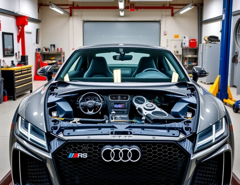 Замена лобового стекла Audi TT RS A high-quality, realistic image of an Audi TT RS with its front windshield removed, showing the exposed frame and interior dashboard, set in a clean, well-lit professional auto repair garage with tools and safety equipment visible in the background, no text or logos