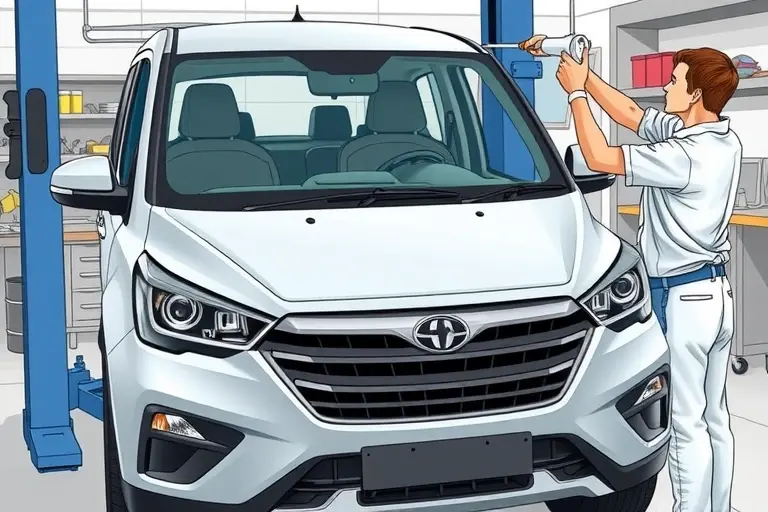 A detailed illustration of a mechanic replacing the windshield on a Chery Tiggo 4 Pro 1.5L 113 hp (2021 model). The scene shows the car on a lift or in a garage, the old windshield removed, the new windshield being fitted, with automotive tools and a workbench in the background. The focus is on the car's front, the windshield area, and the mechanic's hands applying adhesive. The setting is a clean, well-lit workshop.