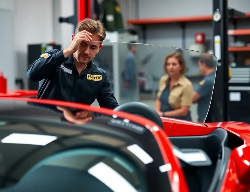 A high-quality image depicting the process of replacing the windshield of a Ferrari Roma. The focus should be on the mechanic working on the windshield, with the car clearly visible in the background. The scene should be well-lit and professional, showcasing the precision and expertise involved in the repair.