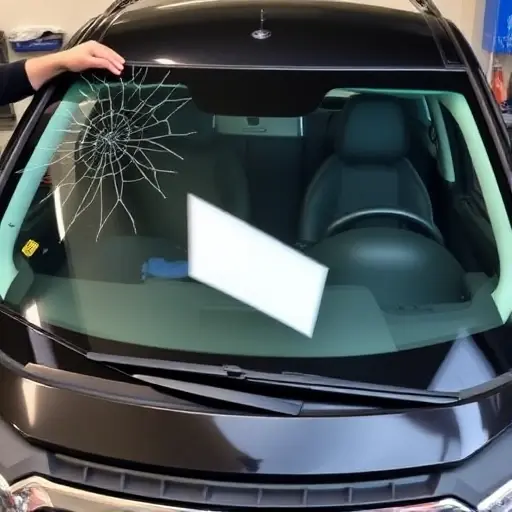 A close-up of a Baojun 560 1.5 Turbo 2015-2018 front windshield replacement: the old cracked glass being removed, a new clear glass being fitted, with a mechanic's hands and tools, a partially opened hood, the car's front bumper visible, a clean, well-lit workshop environment, no text or logos