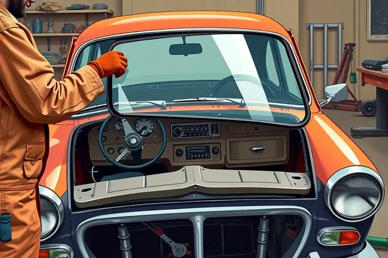 A detailed illustration of a mechanic replacing the windshield of a classic Simca 1000 1.0 L 44 hp (1961–1978). The scene shows the car's front end with the old windshield removed, revealing the interior dashboard and the car's chassis. The mechanic, wearing a work jacket and gloves, is holding a new windshield glass, carefully aligning it with the car frame. The setting is a workshop with a workbench, tools, and a car jack. The focus is on the precision of the replacement process, with close‑up details of the glass, the car's metal frame, and the mechanic's hands. The image should have a realistic, slightly nostalgic aesthetic, with warm lighting and subtle shadows.