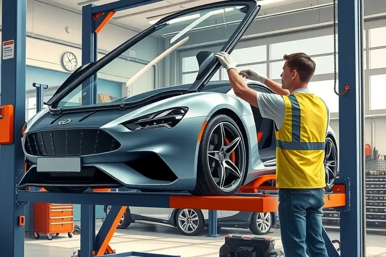 A detailed, realistic illustration of a mechanic replacing the windshield of a luxury sports car, the Isdera Commendatore 112i with its distinctive 6.0 V12 Mercedes engine visible. The scene shows the car lifted on a hydraulic lift in a well-equipped garage, with the old windshield removed and a new one being fitted. The mechanic, wearing protective gloves and a reflective safety vest, carefully aligns the new glass. The background includes tools, a workbench, and a subtle hint of a showroom setting. The lighting is bright and focused, highlighting the sleek lines of the car and the precision of the replacement process.