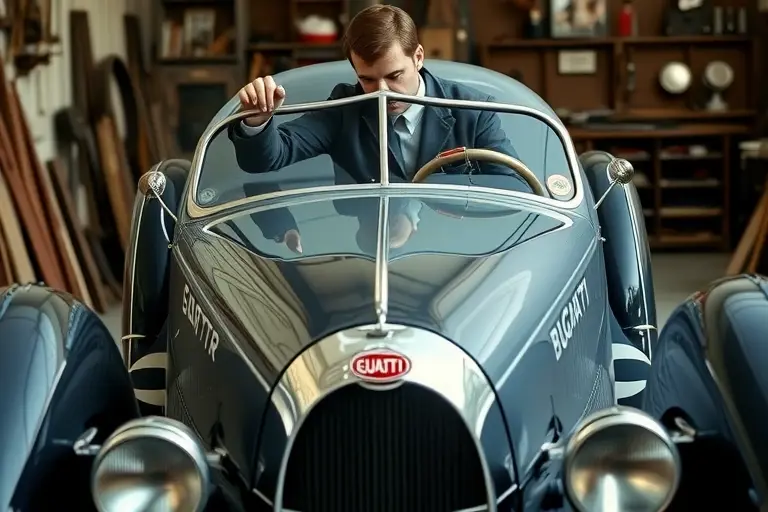 A vintage 1930s Bugatti Type 57 automobile with its front windshield being carefully removed and replaced in a classic workshop setting. The car is shown from a slightly angled front view, highlighting the sleek, streamlined body and the glass panel. A skilled mechanic in period-appropriate attire is gently handling the windshield, with period tools and a wooden workbench visible. The scene captures the elegance of the historic car and the meticulous restoration process, with soft natural lighting emphasizing the polished metal and glass surfaces.