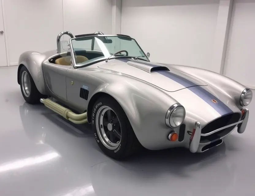A classic AC Cobra MkII with a newly installed windshield, parked on a clean garage floor under soft lighting, showing the car's sleek curves and chrome details, no people, no text, no logos