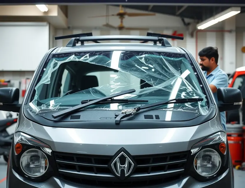 A Hindustan Motors vehicle with a damaged windshield being replaced by a mechanic in a garage, showing professional tools and safety equipment, clean and well-lit environment, no text or logos