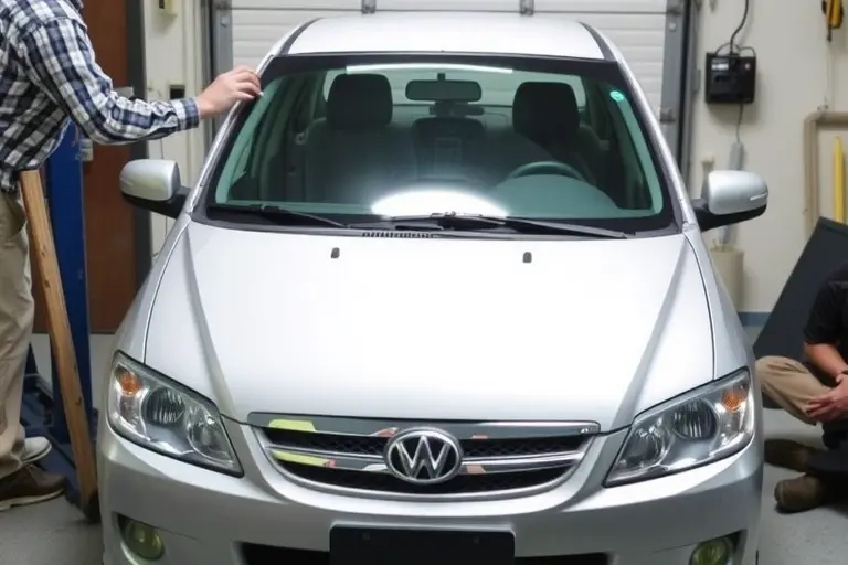 A mechanic in a garage replacing the windshield of a Shuanghuan SCEO 2.4L 130hp (2005-2012) car. The image shows the car's front with the old windshield removed, the mechanic holding a new windshield, tools on the floor, and the car's body visible. No text or numbers should appear.