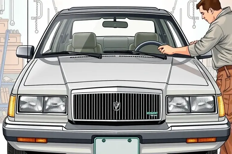 A detailed illustration of a mechanic replacing the windshield on a Mercury Marauder 4.6 V8 DOHC 302 hp, showing the car's front, the new glass, tools, and the mechanic's hands, in a realistic style