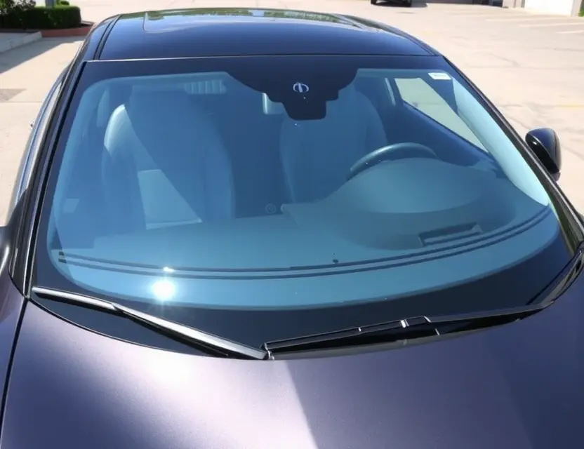 A Fisker Karma with a replaced windshield, showcasing the new glass. The car is parked outdoors on a sunny day. Focus on the clarity and quality of the replacement windshield.