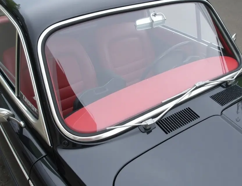 A Kaiser Henry J car with a replaced windshield, showcasing the new glass. The car is parked on a clean, slightly reflective surface. Focus on the clarity and quality of the replacement windshield.