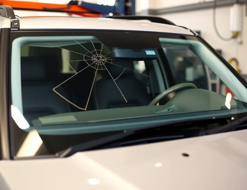 A Land Rover Discovery with a cracked windshield undergoing a replacement. The replacement windshield is being installed by a mechanic in a garage setting. Focus on the repair process and the vehicle's exterior.