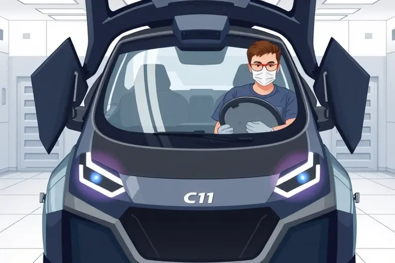 A detailed illustration of a mechanic replacing the windshield of a Leapmotor C11 electric car. The scene shows the car's front open, the old windshield removed, a new windshield being fitted, with the mechanic wearing protective gloves and a mask, in a clean garage environment. The focus is on the car's front, the windshield area, and the replacement process.
