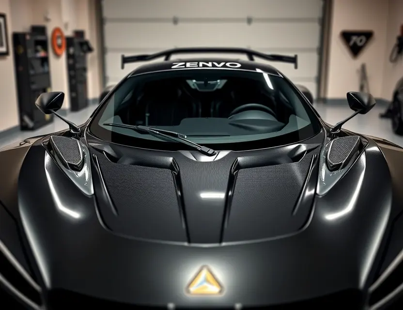 Замена лобового стекла Zenvo TSR-S A Zenvo TSR-S car with a newly replaced front windshield, clean and glossy, parked in a modern garage with soft lighting, no people, no text, no logos, no damage