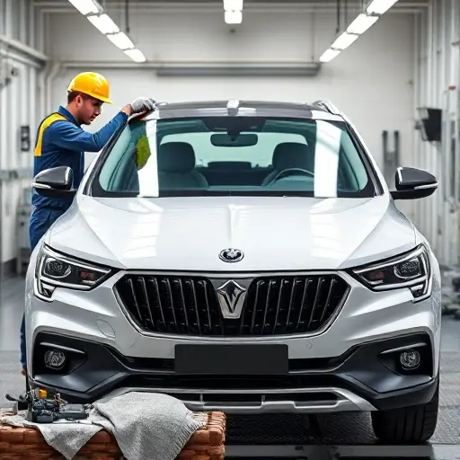 A realistic scene of a Borgward BX7 (model years 2016-2021) in a clean auto workshop, focusing on the front of the vehicle where a technician in safety gear is carefully removing the damaged windshield and installing a new one. The car is shown from a slightly angled front view to highlight the glass area, with tools such as suction cups, a glass cutter, and a protective blanket visible on a workbench. The lighting is bright and professional, emphasizing the clarity of the new windshield and the precision of the replacement process.