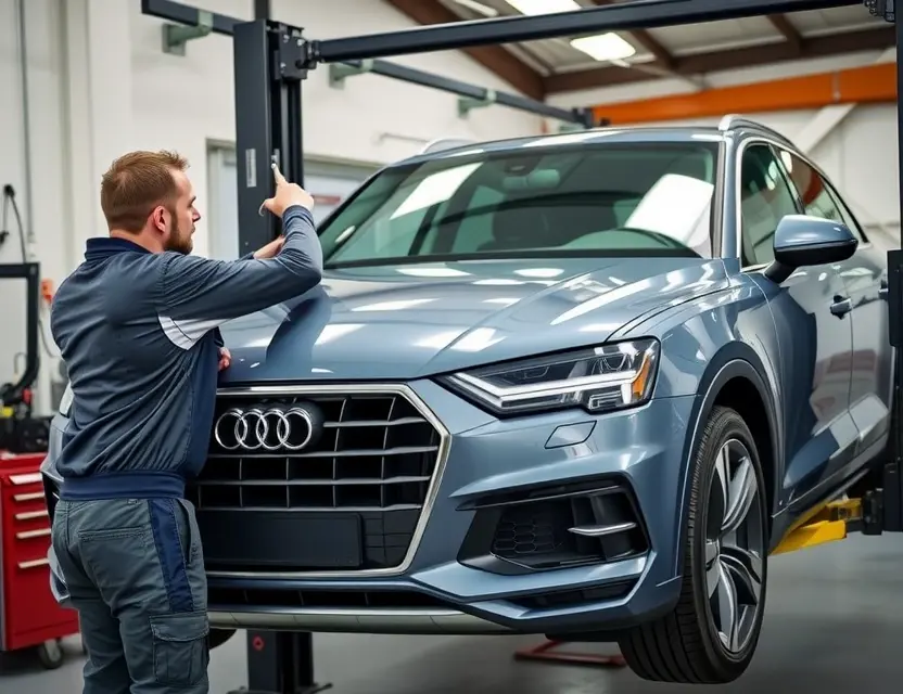 A mechanic is replacing the windshield of an Audi SQ7 in a garage. The car is raised on a lift, and the mechanic is using tools to remove the old windshield and install a new one. Focus on the car and the repair process.